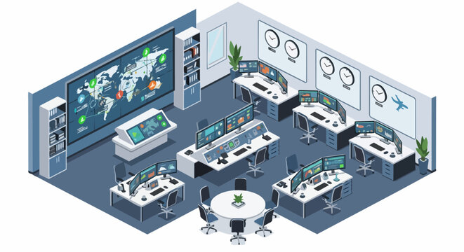 Isometric Modern Command Center and Global Network Operations Control Room Illustration