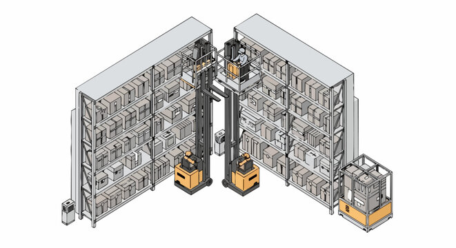 Isometric Warehouse Logistics and Distribution Center Illustration with Automated Order Pickers, Shelving Units, and Inventory Management Process