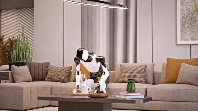 AI-powered humanoid robot cleans an apartment, picking up dirty dishes in a modern living room. Advanced household and housekeeping automation. Future smart home technology. 3d animation rendering
