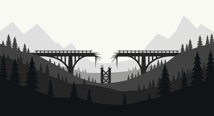 Fototapeta premium Broken bridge in a forest landscape illustration.