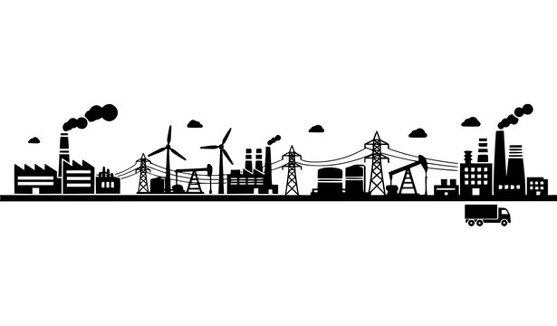 Industrial energy and manufacturing silhouette landscape with factories turbines and oil pumps vector