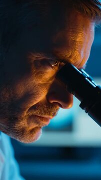 Focused Scientist Conducting Research with a close-up of a male researcher using a microscope in a dark lab with cinematic lighting, ideal for medical Vertical. Video. Portrait Orientation.