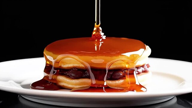 Watch as luscious syrup cascades over a delicious dorayaki, a Japanese pancake dessert filled with sweet red bean paste, presented beautifully on a pristine white plate.