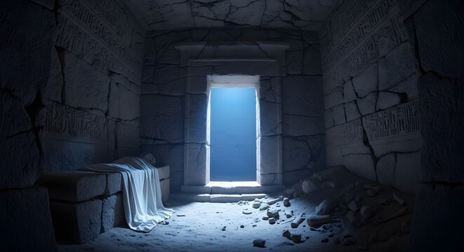 Dark and Moody Interior Ancient Tomb Scene with Open Doorway