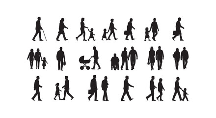 Fototapeta premium Diverse group of people walking, including families, couples, and individuals, in various scenarios.