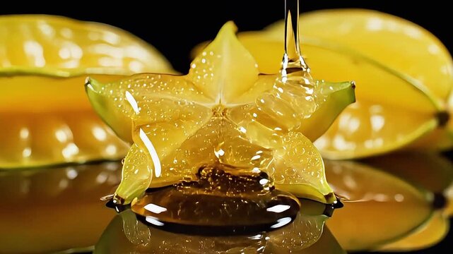 Observe a vibrant star fruit slice, glistening with fresh moisture, as golden honey slowly drips onto its succulent, exotic surface. A delicious, healthy snack preparation.