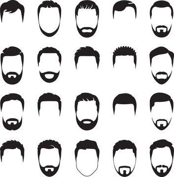 Diverse collection of stylish male hairstyles and beard variations in silhouette