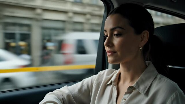 Young woman looking out car window during city commute.