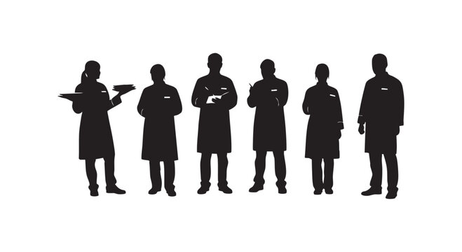 Diverse silhouettes of medical professionals in uniform, standing together in a cohesive group illustration.