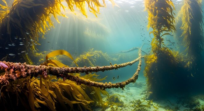 Scenic Underwater Kelp Forest with Sunlight and Marine Life, Ocean Environment