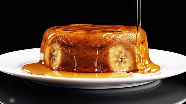 Observe a luscious banana upside-down cake, golden-brown and perfectly baked, receiving a generous drizzle of rich, amber caramel sauce on a pristine white plate.