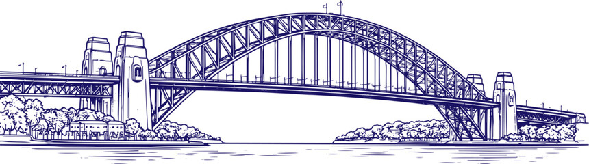 Naklejka premium Sydney Harbour Bridge hand drawn line art sketch illustration, iconic Australian landmark architecture, detailed urban cityscape outline, minimalist black ink drawing, travel destination artwork