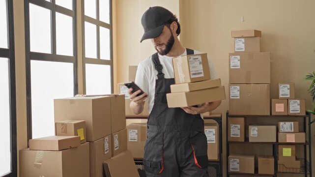 Man holding stacked packages with one hand while checking smartphone in a building shipping room; focused duty.