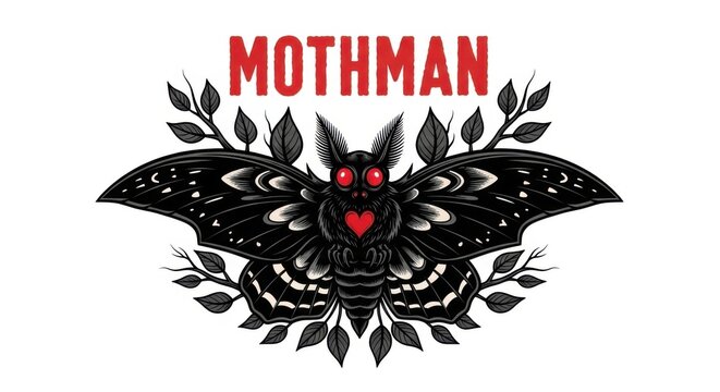 Mothman cryptid emblem with glowing red eyes and leafy laurel wreath design