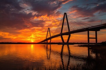 Obraz premium Majestic suspension bridge at sunset, reflecting in calm water