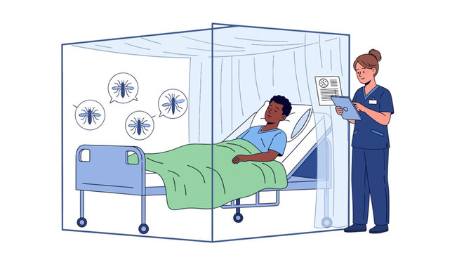 Illustration of a nurse providing malaria treatment in a hospital, checking on a patient resting in a bed enclosed by mosquito netting as part of a community mosquito prevention education