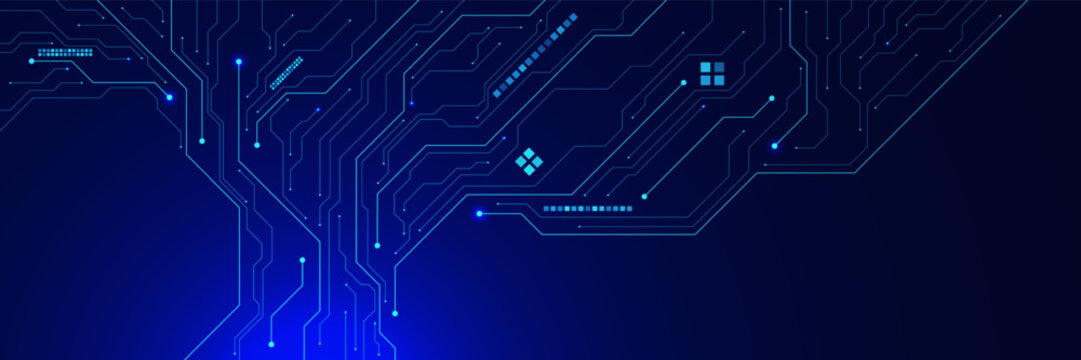 Abstract digital technology banner on dark blue background vector. Futuristic circuit board with electronic component including chip, processor and semiconductor. Design for web banner, presentation.
