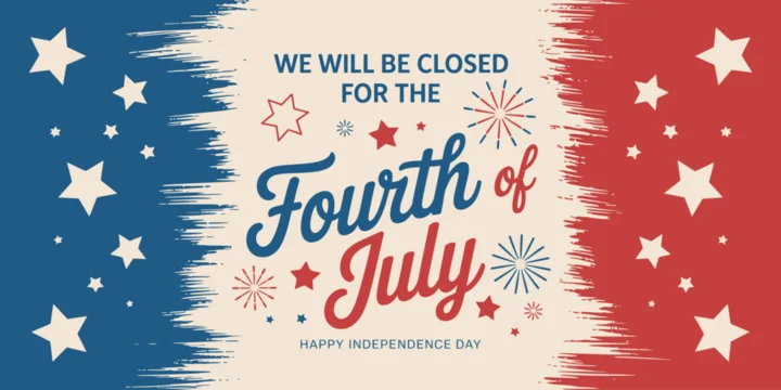 Independence day closed sign, we will be closed for the 4th of July, vector illustration, abstract flag theme, fireworks, stars, rockets, modern simple layout, printable banner and clipart for USA.