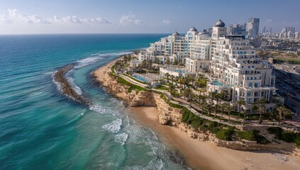 Fototapeta premium Coastal resort architecture meets blue ocean waves and sandy shores