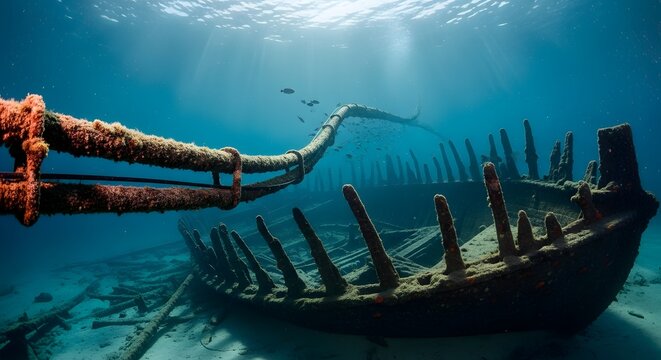 Underwater Wide Angle View of Old Shipwreck Scenery in Tropical Sea