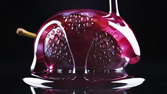 Watch juicy red grape, covered in glistening water droplets, get sliced precisely in half as a rich, dark liquid pours over its vibrant skin, creating a captivating visual.