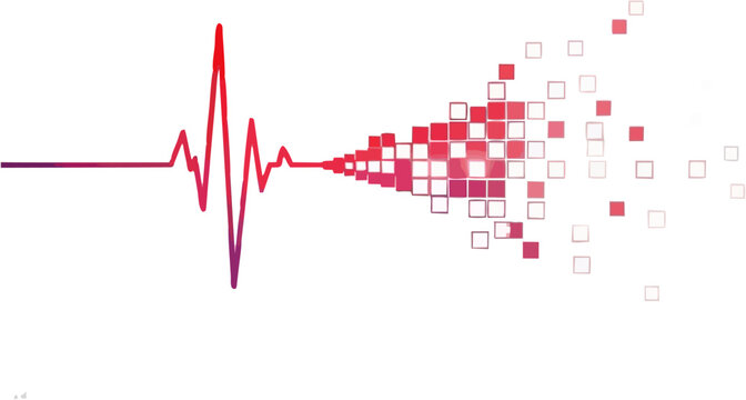Abstract visualization of a heartbeat pulse transforming into pixelated squares, representing data or digital transformation