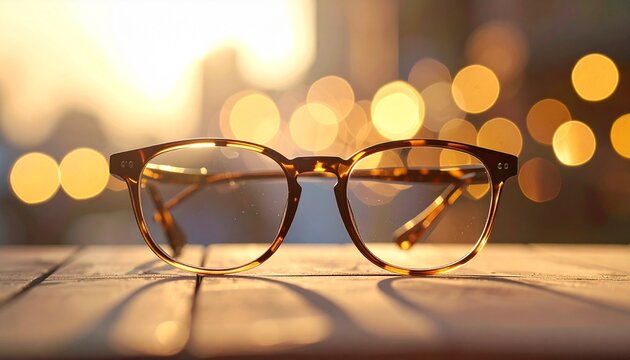 Stylish tortoise shell eyeglasses on wooden table with soft bokeh background for lifestyle fashion and eye care concept.