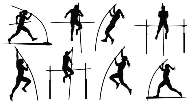 Pole vaulting athletes in various stages of the sport black silhouette