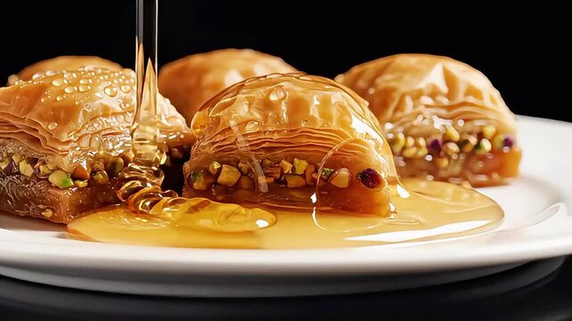 Watch delightful baklava getting drizzled with golden syrup. This traditional pastry, filled with nuts, offers a sweet, crispy indulgence perfect for any special occasion.