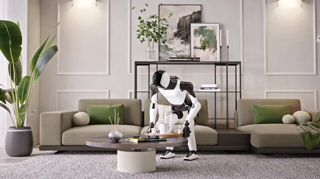 AI-powered humanoid robot cleans an apartment, picking up dirty dishes in a modern living room. Advanced household and housekeeping automation. Future smart home technology. 3d animation rendering