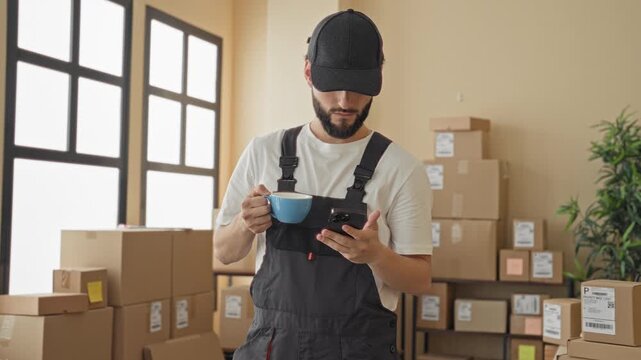 Man holds coffee cup and scrolls smartphone amid stacked parcels in a warehouse building; focused routine.