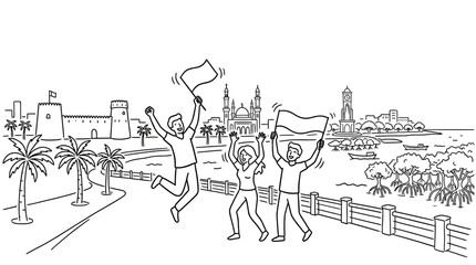 Obraz premium Joyful Group Celebrating Near City Skyline