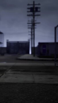 In the fading light of dusk, an empty urban street stands still. Shadows loom over buildings while power lines stretch into the gray sky, creating an eerie yet captivating atmosphere.