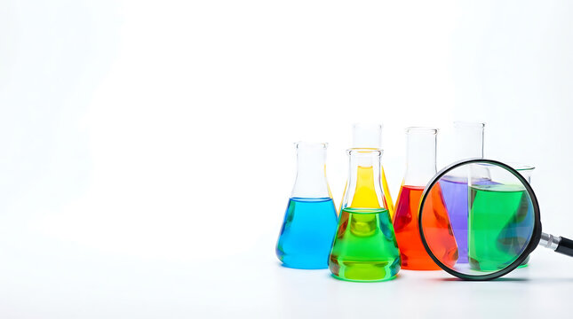 Science laboratory glass beakers with colorful liquids and magnifying glass on white background with copy space
