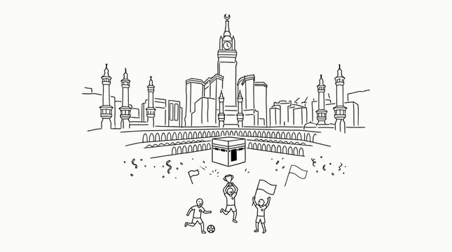 Minimalist Line Drawing of Mecca Skyline with People Playing
