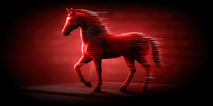 Red digital trojan horse glowing on laptop keyboard in cyber threat concept