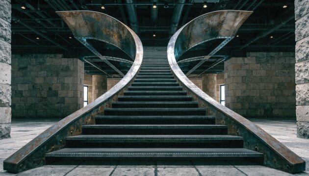 Focus on double stringer stair stringer highlighting structural strength and modern aesthetics with symmetrical metal beams and a rugged steel texture in an urban interior.