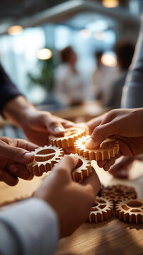 Close up of multiple hands rotating interconnected wooden gears on a bright office table for a workflow optimization concept each gear showing labeled process stages warm office