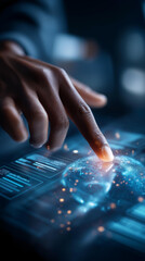 Fototapeta premium Close up of a hand interacting with a holographic ai project management interface showing global business planning modules and execution strategy panels cool blue holographic