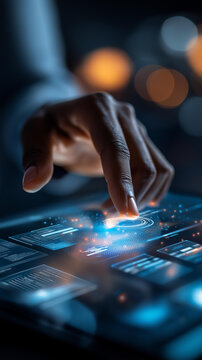 Close up of a hand interacting with a holographic ai project management interface showing global business planning modules and execution strategy panels cool blue holographic