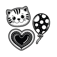 Fototapeta premium Cute outline sticker set featuring a cat, heart, and balloon with stitched borders