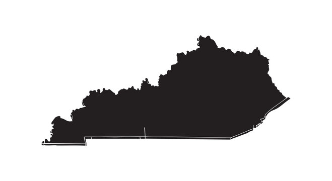Kentucky state map silhouette showing detailed geographical borders and outline of american territory on white background.