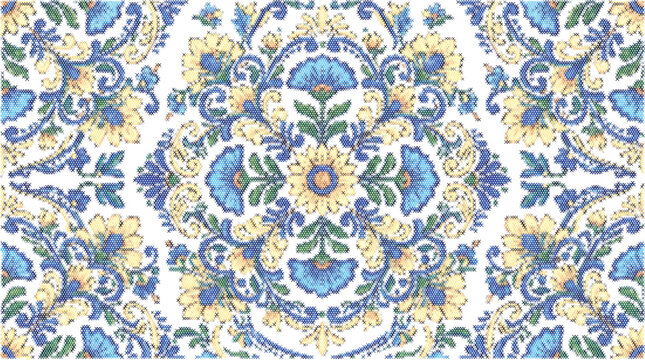 Mandala gold blue hand drawn grid fabric design cross stitch pixel art vector wall
