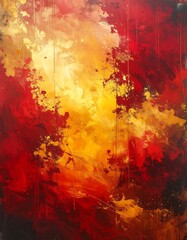 Fototapeta premium A vertical abstract painting with fiery colors. It blends red, orange, and yellow hues, creating a sense of movement and energy. The artwork has a textured look