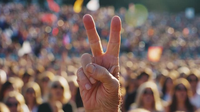 Elderly hand raised in crowd at a sunny outdoor event