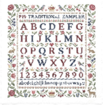 Antique alphabet sampler pattern chart grid home decor pixel art cross stitch vector graphic