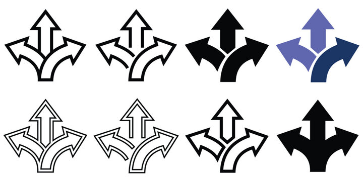 Multi Direction Arrow Navigation Decision Icon Set, Crossroad Path Choice Symbol Vector