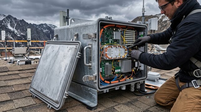 Closeup medium shot of weatherproof metal housing with liftoff panels on rooftop showcasing easy access for maintenance of telecom equipment in harsh climates.