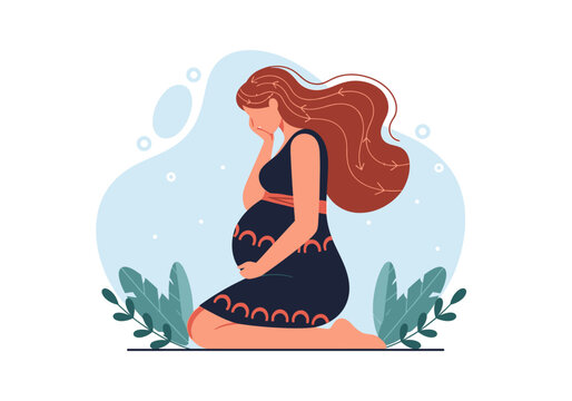 Sad Pregnant Woman Kneeling in Distress Illustration - Concept of Prenatal Depression, Maternal Mental Health, and Pregnancy Exhaustion