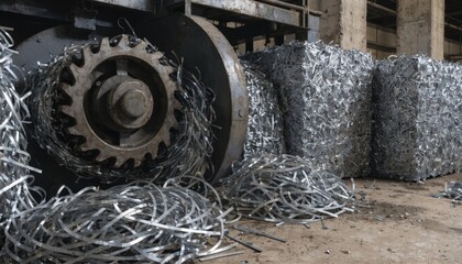 Obraz premium Closeup medium shot of steel trim scrap being gathered and compressed into briquettes showcasing heavyduty recycling equipment and sustainable metal reuse.